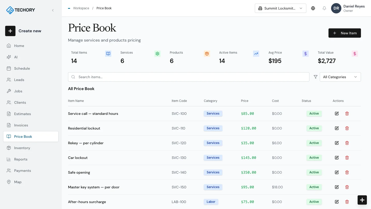 Techory — Service price book